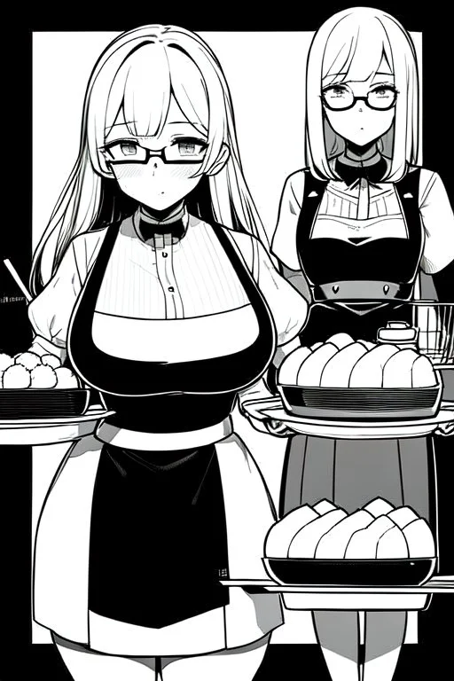 waitress carries tray with glasses in a cafe bar, line arts, greyscale