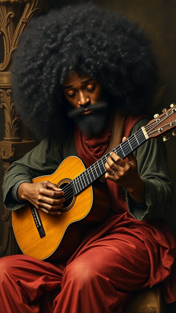 Hieronymus Bosch style , an black a man with big curly hair playing the acoustic guitar