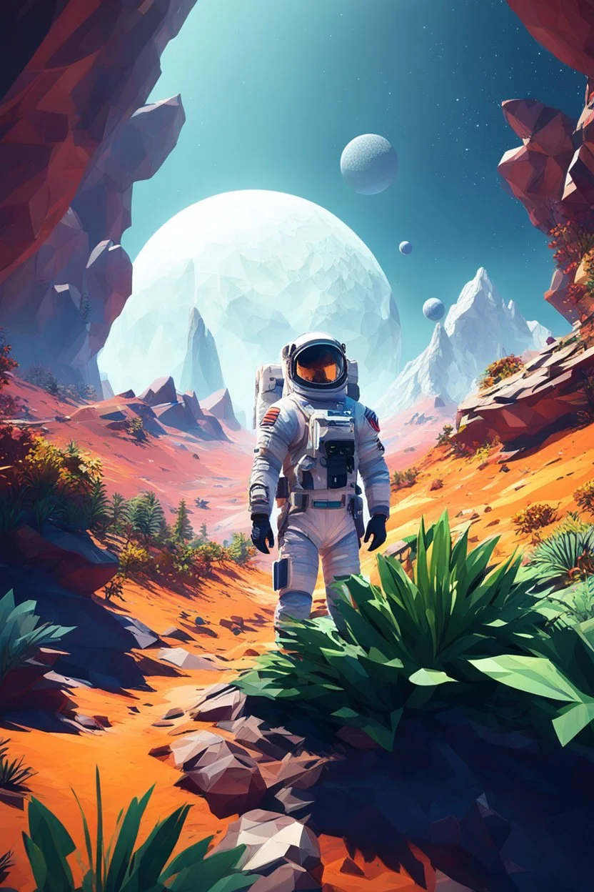 (((close midshot))), (((low poly art:2))), (astronaut), ultra-detailed illustration of an environment on a dangerous:1.2 exotic planet with plants and wild (animals:1.5), (vast open world), astroneer inspired, highest quality, no lines, no outlines candid photography. by Lekrot