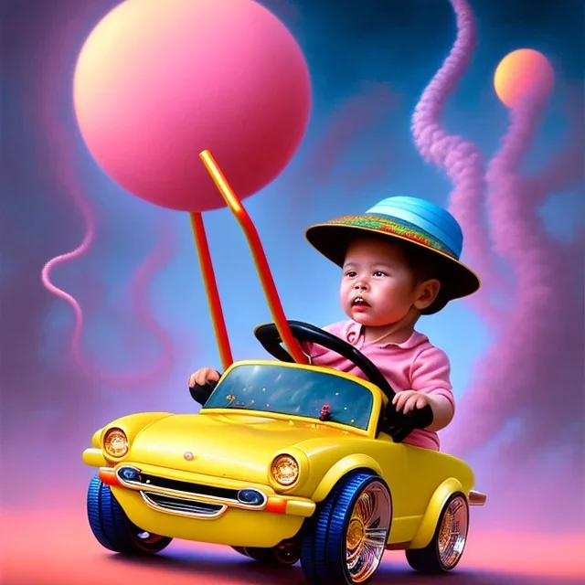 A one-year-old boy rides in the plastic funny toy-car on the middle of a busy street in new york. He has and a large-brimmed straw hat. somehow photographic bright colors and sunset, fantasy art, Anna Dittmann, digital painting, dan mumford, oil on canvas, jeff koons, akihito yoshida, wlop, kodachrome,