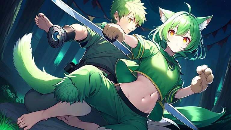 Girl, boy ,wolf muzzle, long green hair, green wolf ears,3 wolf tail, open navel, short blue shirt,animal tail, wolf paws hand, orange eyes, sword, animal fur on feet, night in forrest