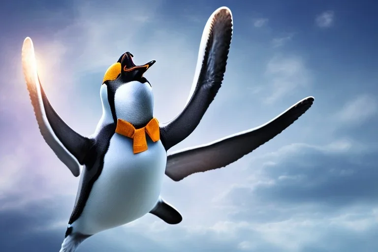 penguin flying in the sky with his wings