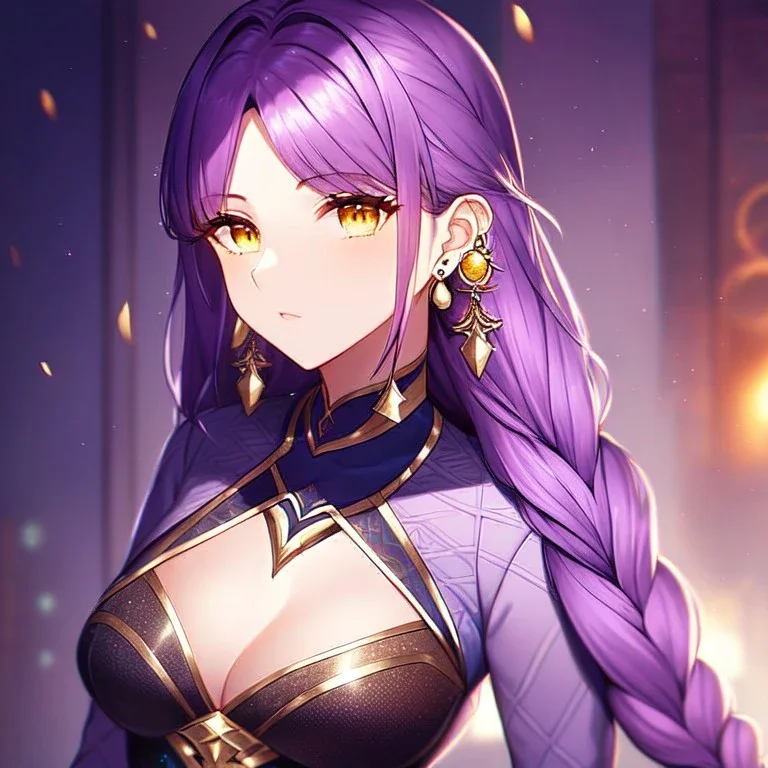 girl, masterpiece, best quality, cinematic lighting, detailed outfit, perfect eyes, purple hair, vibrant golden eyes, braided bangs, earrings,