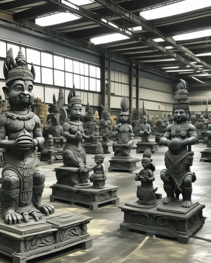 A dark warm gray ominous mega factory designed in Hawaiian tiki statues painted by Claude Monet