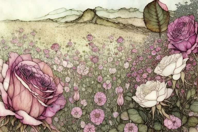 beautiful intricate rose field, soft delicate watercolor, dramatic, perfect composition, by Arthur Rackham highly detailed intricate very attractive beautiful fantastic view watercolor Arthur Rackham Jean-Baptiste Monge Egon Schiele muted tones professional Enki Bilal patchwork watercolor and ink Xuan Loc Xuan