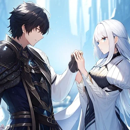 Girl with white hair wearing white robes. Boy with black hair wearing leather armor