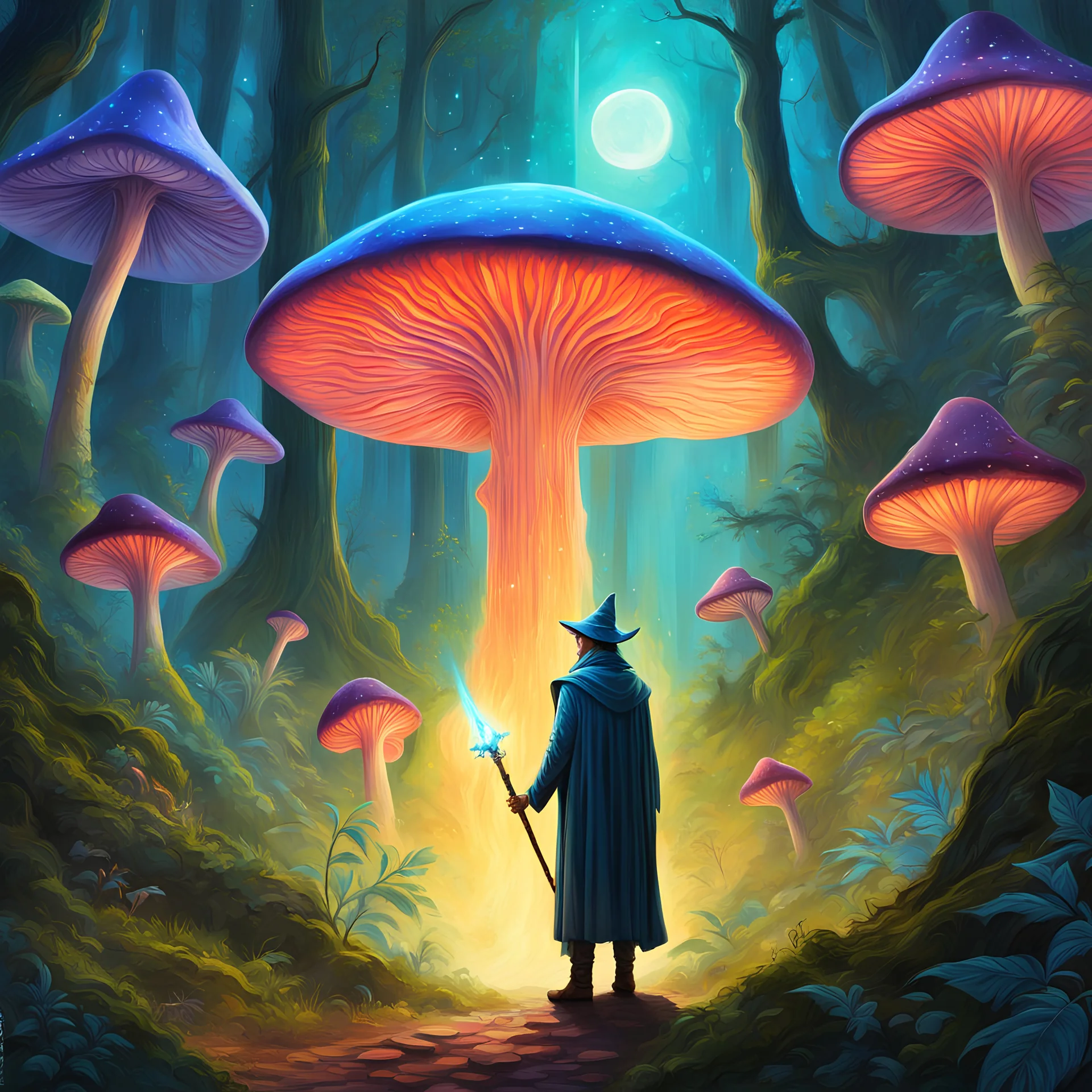A wizard with a large wand in a magic forest full of big, outer worldly, alien mushrooms. Digital Painting, Digital Art, Masterpiece, Profile Picture