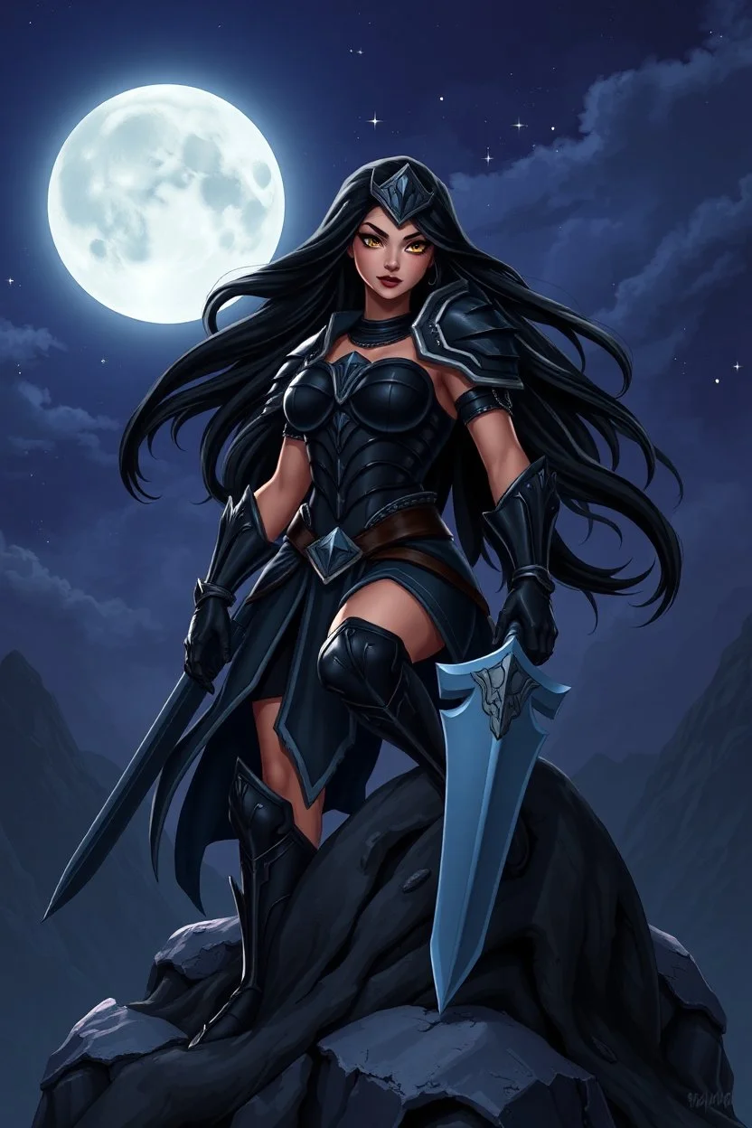 A BEAUTIFUL GIRL, BLACK LONG HAIRED, BIG BUB, NICE BODY, DRESSED A BLACK ARMOUR, WARRIOR AND AMAZON WOMAN, STAY ON TOP OF MPOUNTAIN, MOONSHINE AND FAIRY TURN AROUND HER, DARK NIGHT BACKGROUND, DISNEY STYLE GRAPHIC PICTURE