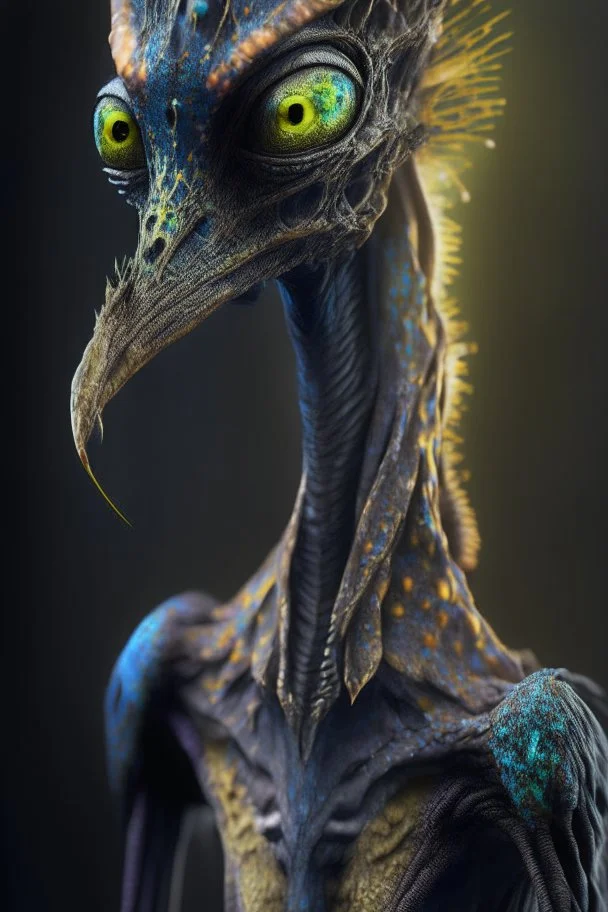 Bird giraffe lizard humanoid alien fused ,realistic, intriacte detail, sci-fi fantasy style, volumetric lighting, particales,highly detailed,cinamatic, deep colours