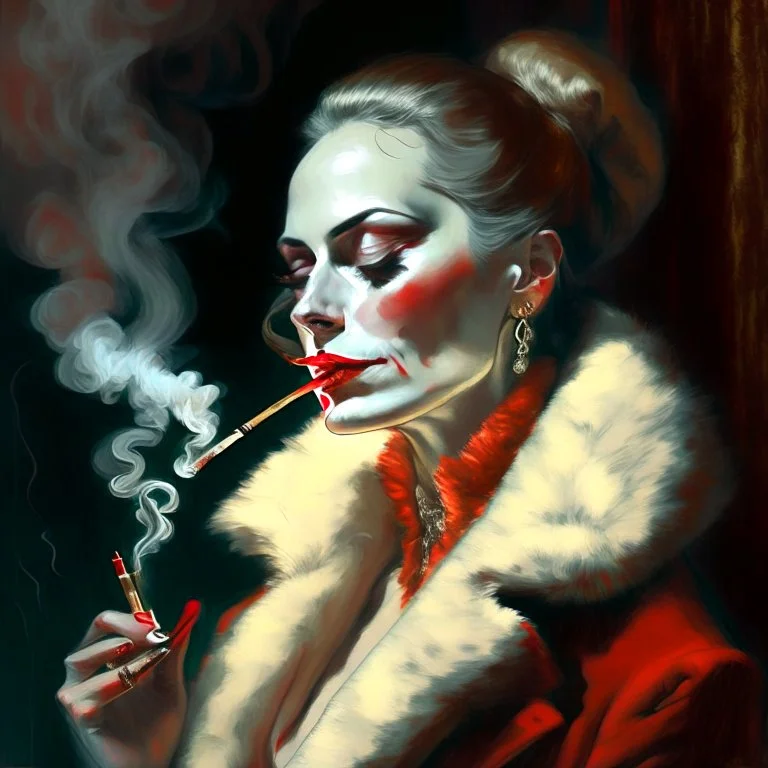 Harmony of earth, water and fireA drawing of a lady with make-up with red lipstick on her lips dressed in mink furs lighting a cigarette an English gentleman smoking a pipe Zou Zhe style, cgsociety, figurative art, chiaroscuro, outline art, flickering light