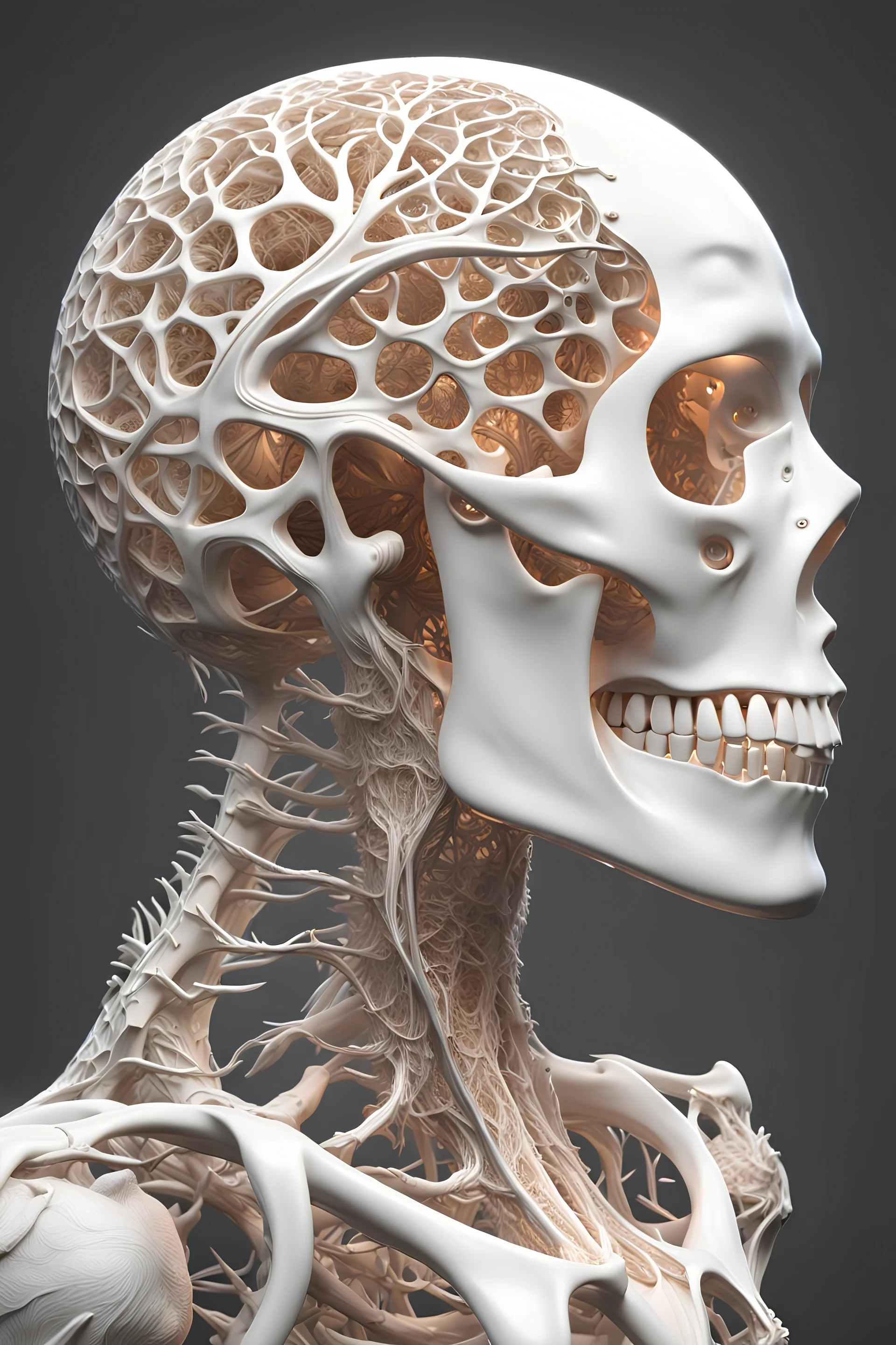 3D rendering of Expressively detailed and intricate of a hyperrealistic “white human vuscular”: glossy white, showing flesh and vuscular, side view, scientific, single object, black background, shamanism, cosmic fractals, octane render, 8k post-production, detailled metalic bones, dendritic, artstation: award-winning: professional portrait: atmospheric: commanding: fantastical: clarity: 16k: ultra quality: striking: brilliance: stunning colors: amazing depth