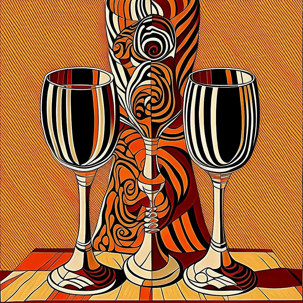 discord and rhyme wine glasses, Escher-like wine rack, op art neo surrealism, by Oleg Shuplyak, by Igor Morski, by optical illusion.