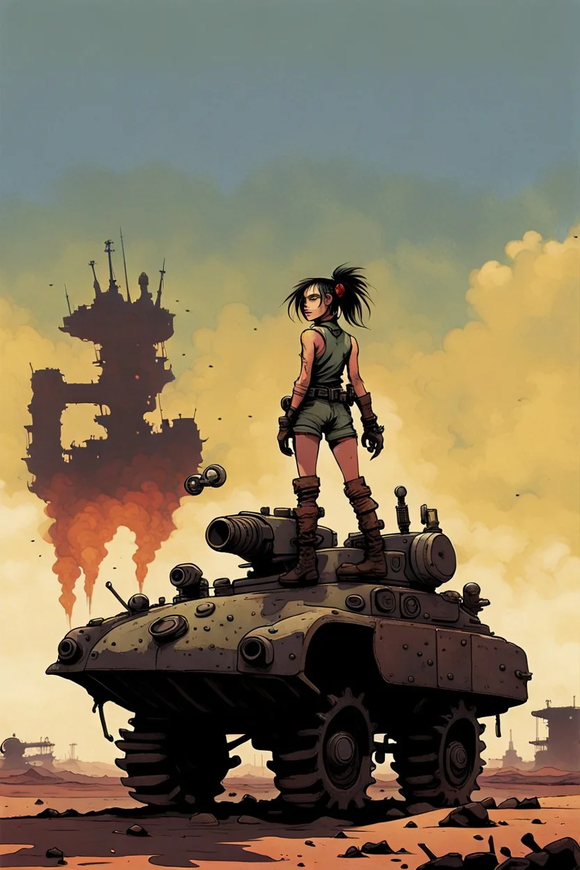 Far away, on the distant horizon where the wastelands met the sky, a small but unmistakable figure came into view. She was perched atop a hulking, makeshift vehicle, a ragtag tank that seemed to defy the very laws of mechanics. Her silhouette, framed by the dying embers of the day, was instantly recognizable. Tank Girl, a symbol of defiance and rebellion in this desolate world, rode the contraption with a wild, untamed spirit. Her hair, a shock of colorful disarray, billowed in the wind as she s