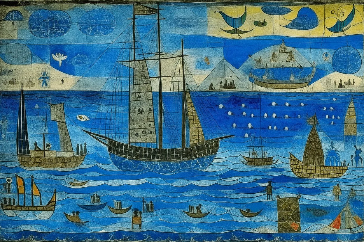 A blue savage ocean with pirate ships designed in ancient Roman mosaics painted by Paul Klee