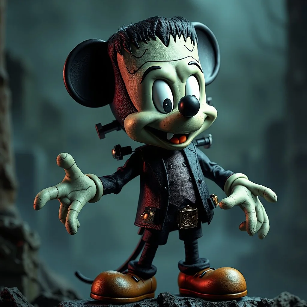 mickey mouse frankenstien's monster hybrid horrorcore steampunk, not 3d, photorealistic, From the movie Frankenstien, terror, horrorcore