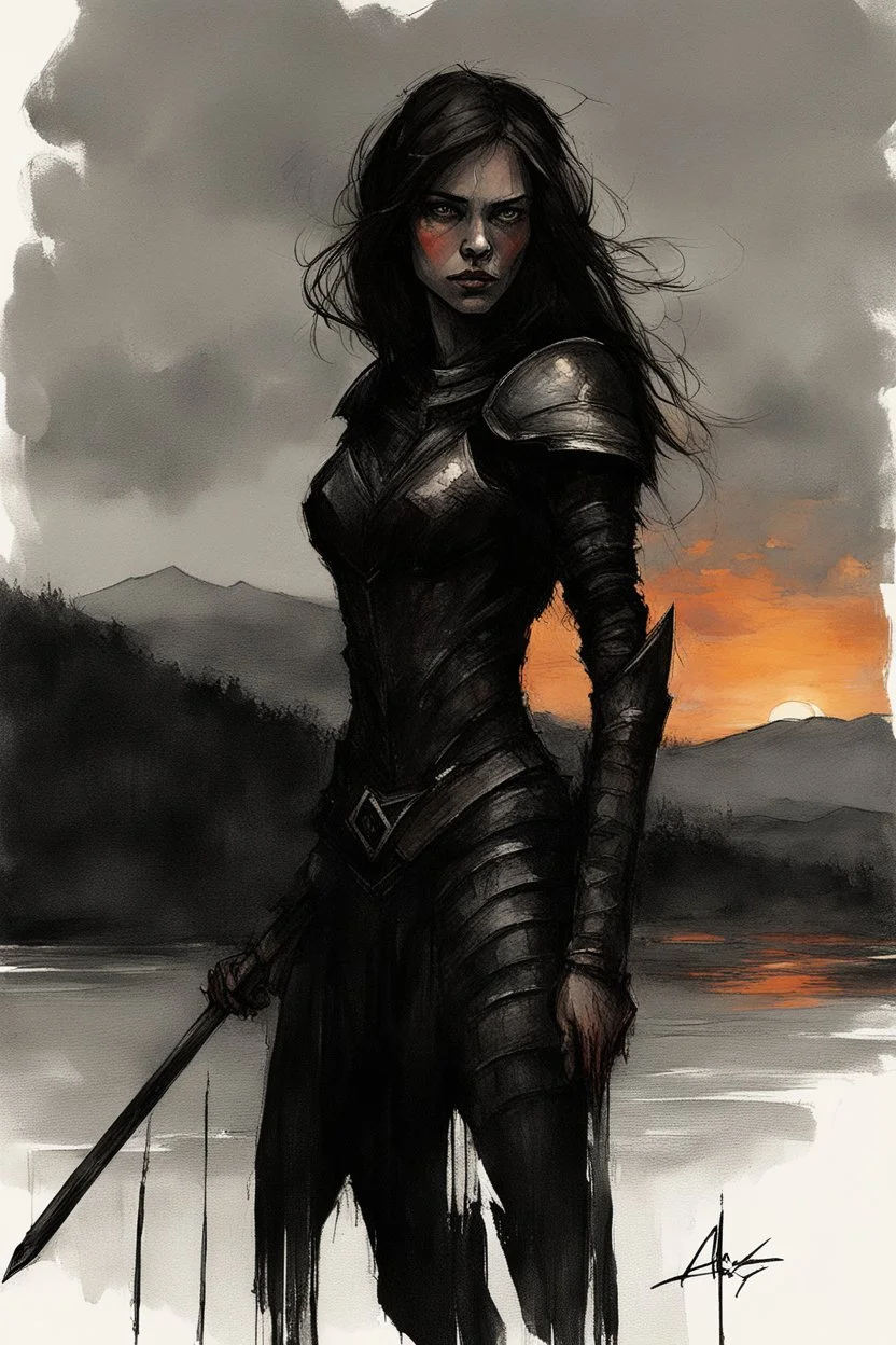 A formidable warrior girl in black armor, on the background Amazing gloomy landscape, flooded with sunset, mountains, trees, fabulous scary hero, , juicy emotions, painting, dark fantasy, gloomy day, dark world, portrait, A Quick Pencil Sketch Of A Portrait Of A 20 Years Old Woman; By Alex Maleev