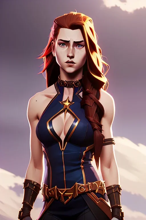 concept illustration, ultra-realistic, super-detailed, strikingly beautiful teen female, 16 years old, long ginger hair, medium freckles, full lips, full body, full face, b-cup breasts, athletic, centred camera, ignore NSFW, skimpy brown armor, halter top, thong, stern expression