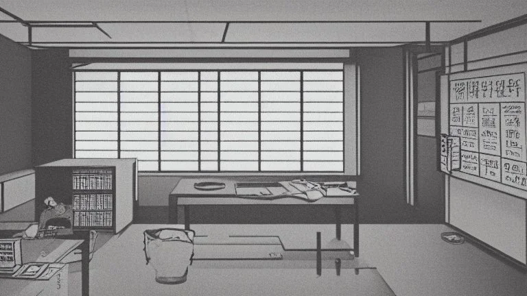 monochromatic japanese classroom with a shadowy figure looking out the window holding a transparent key emanating glow that colors the surroundings, anime
