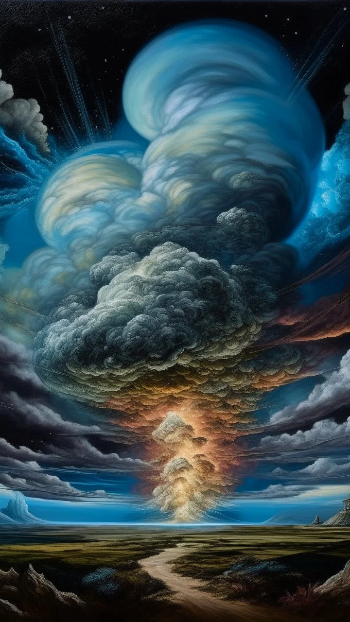 Back in time through a Time Machine in the parallel universe among the galaxies and the stars a big clouds of gas covering the sky from a distance Busch painting style nightmare