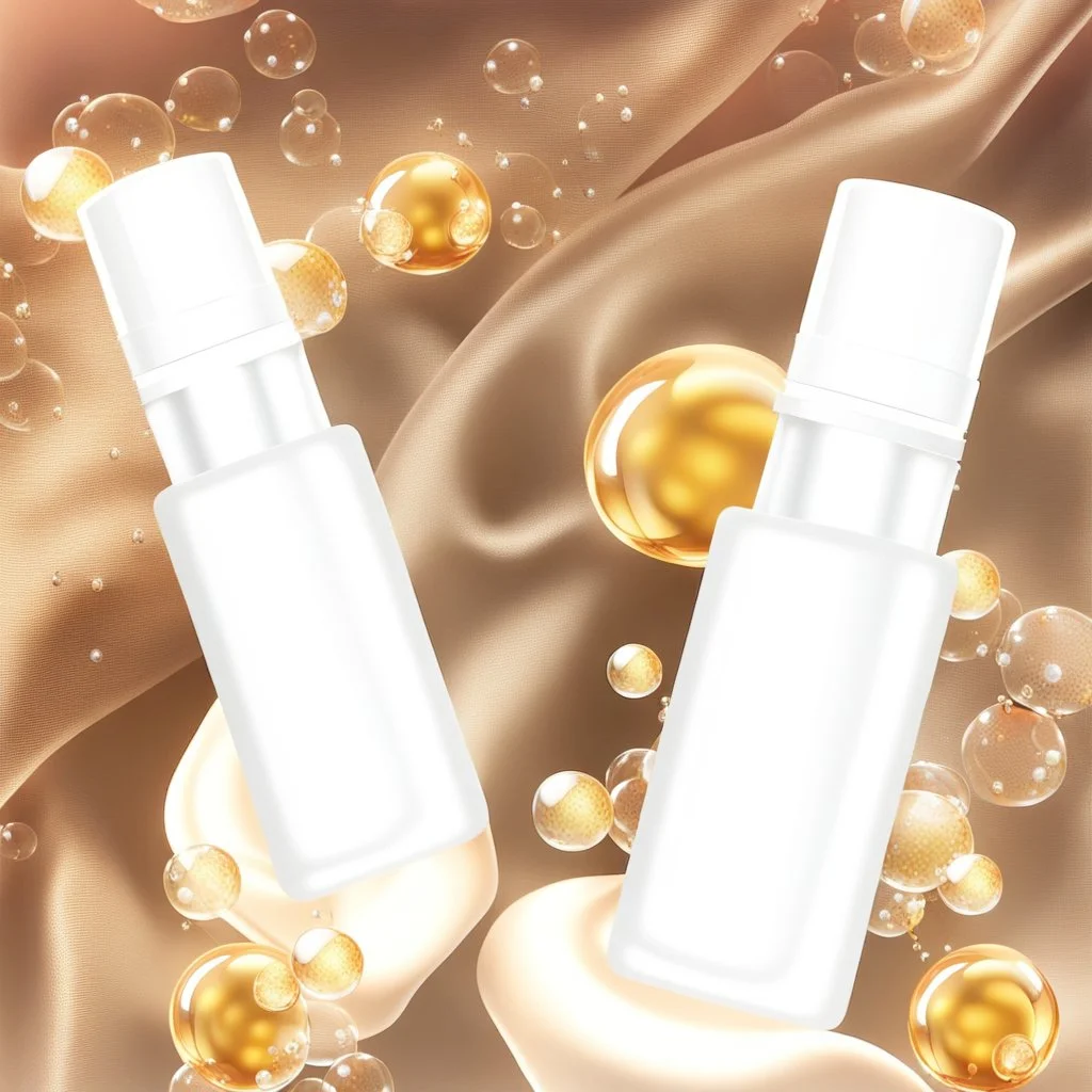 two cosmetics bottles are on a silk fabric, behind a beautiful floral spring floral background, the picture is top view, in the background there are beautiful soap bubbles, molecules and honeycombs, high-quality picture, top view