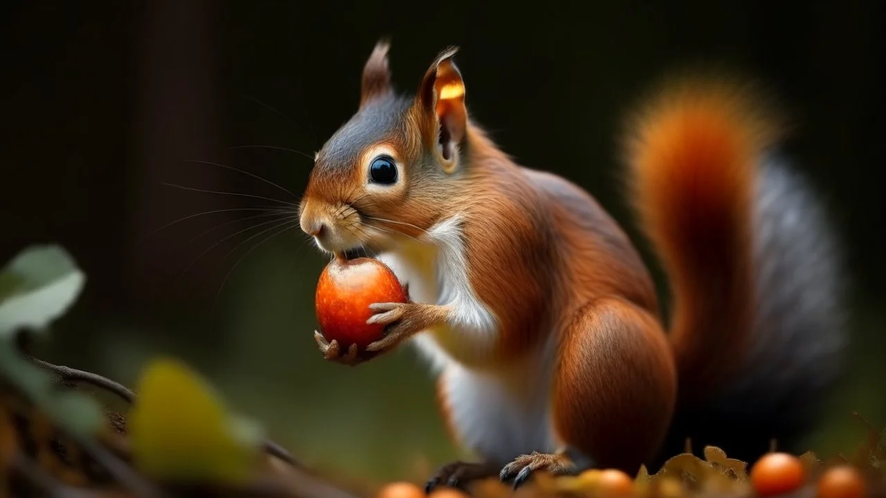 Adorable squirrel playing with an acorn, realistic fur texture, soft lighting, vibrant colors, playful expression, captured in a photograph by Thomas Mangelsen.