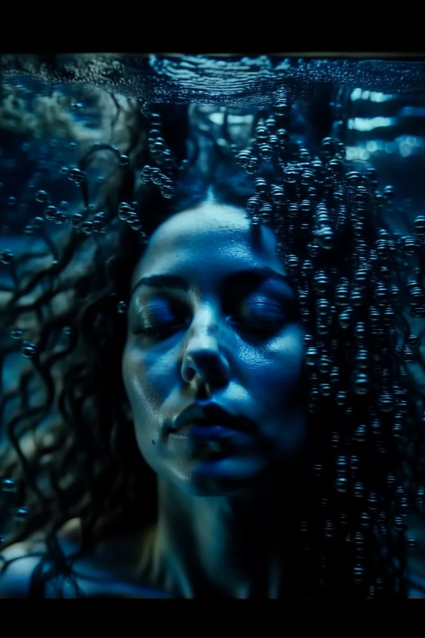 a beautiful woman, long curly black hair,closed eyes,coming from beneath the water,braking the surface with her face just coming out the water,looking up symbolism for breaking free. realistic,8k quality, action close shot from areal view,highly detailed , chaos 80