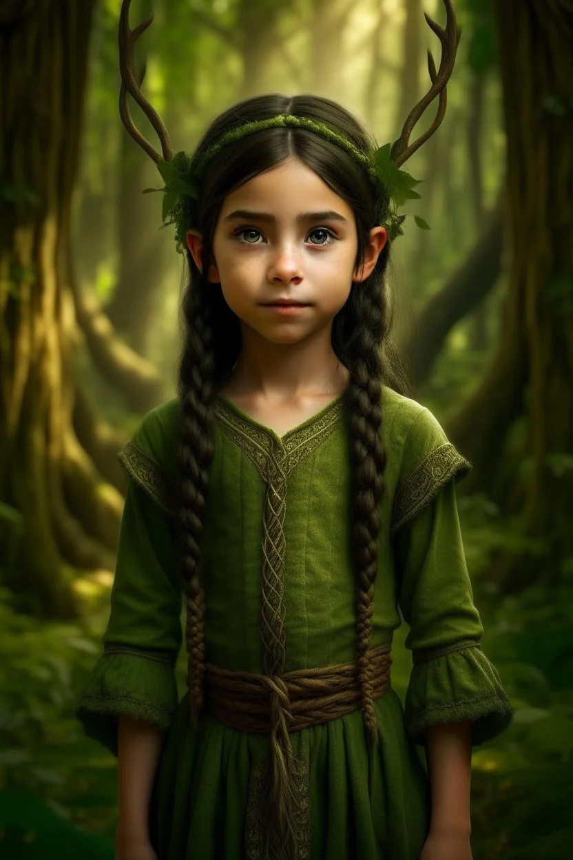 Little girl of five years old, very cute, with elven ears, golden eyes and long black braids, serene look, dressed in primitive green elven clothing, surrounded by a mystical golden aura, with a background of a primitive elven village in the forest