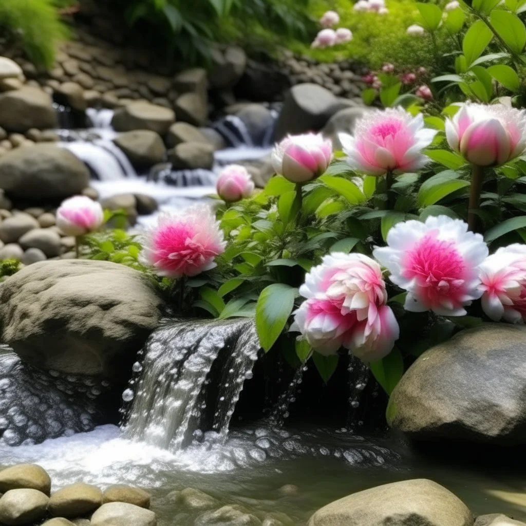 A waterfall with peonies and stones all around not only bright to remove