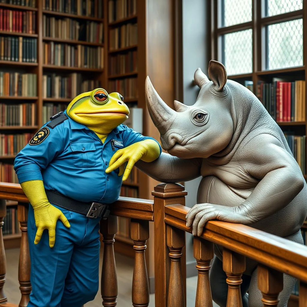 close up photo from a big and fat yellow-green anthropomorphic frog in simple human clothes talking with a strong anthropomorphic rhinoceros without horns in blue modern security guard clothes, they talking and elbowing on an old wooden railing next to each other, in background a bibliothek with tall book shelves, detailed sci-fi, fantasy mood