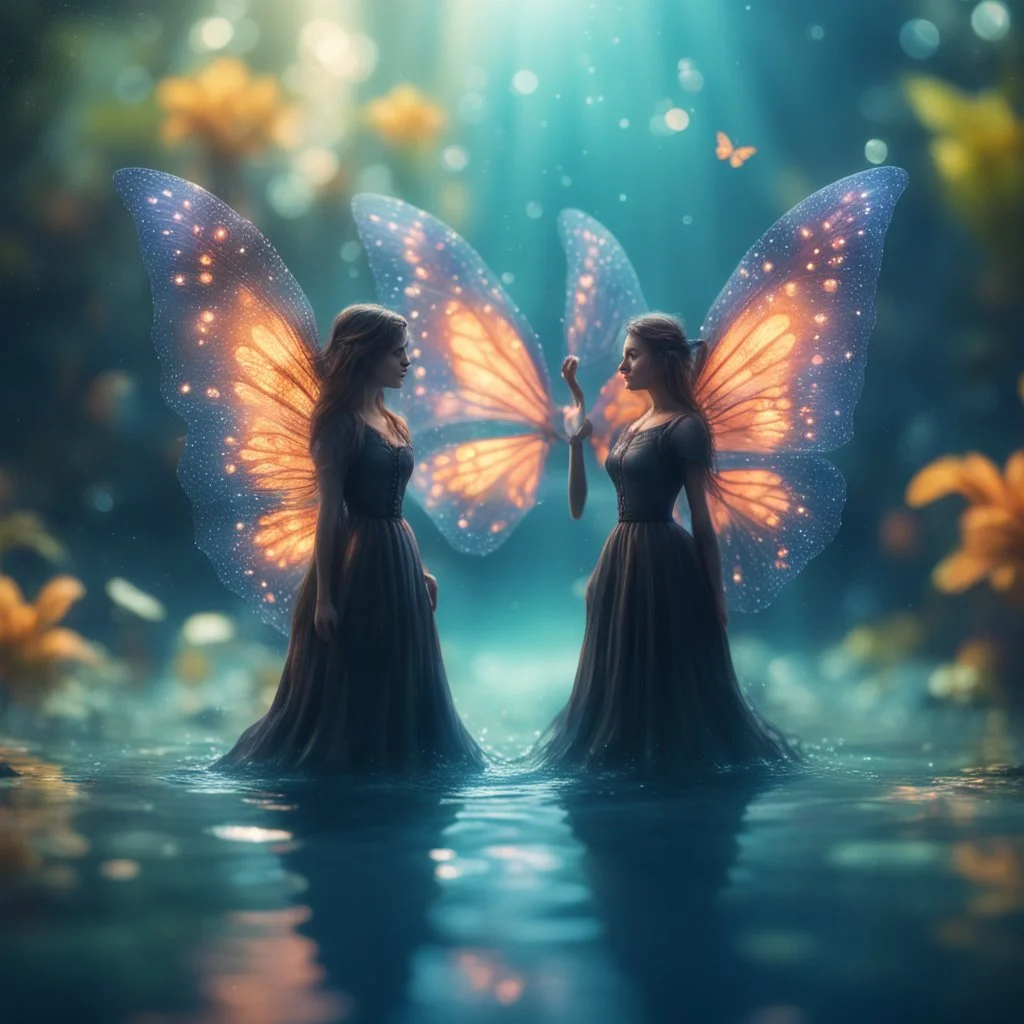 two mind flawyer witches with butterfly wings under water in well lit well ,bokeh like f/0.8, tilt-shift lens 8k, high detail, smooth render, down-light, unreal engine,bokeh like f/0.8, tilt-shift lens 8k, high detail, smooth render, down-light, unreal engine