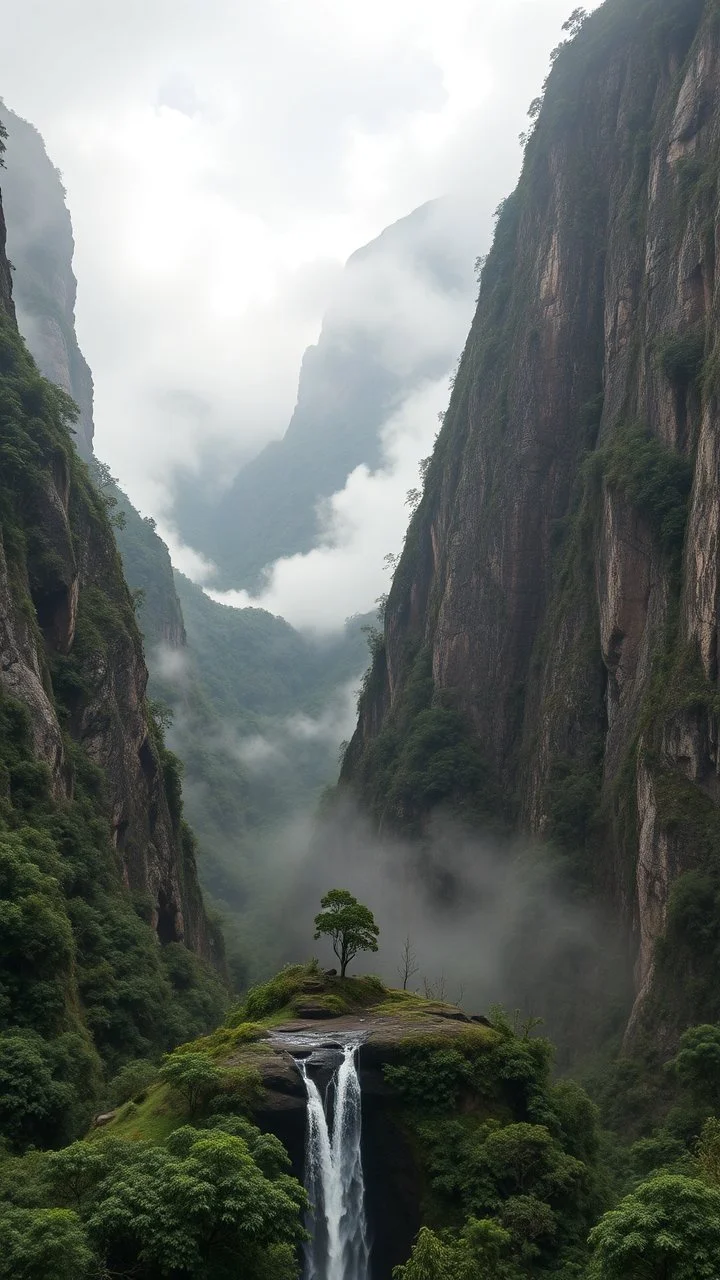 A trail between two mountains peaks in the Amazon side view , , below is a huge wood top view , foggy, misty , adventures, a beautiful waterfall at the end of the picture