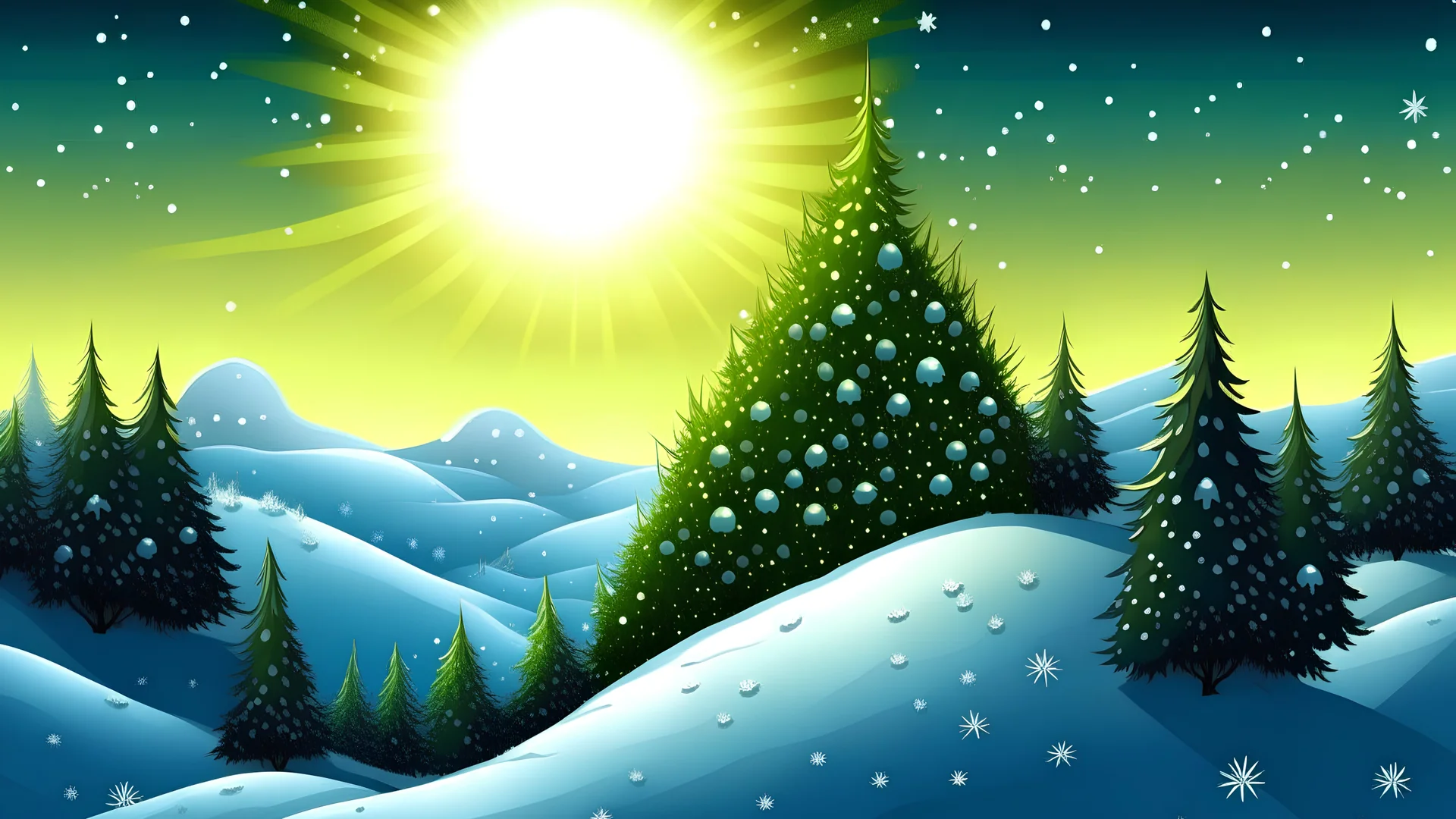 Fantasy cartoon style: Once upon a snowy hill. There are many pine trees on the hill, The sun is shining and the snow sparkled like a million tiny diamonds.