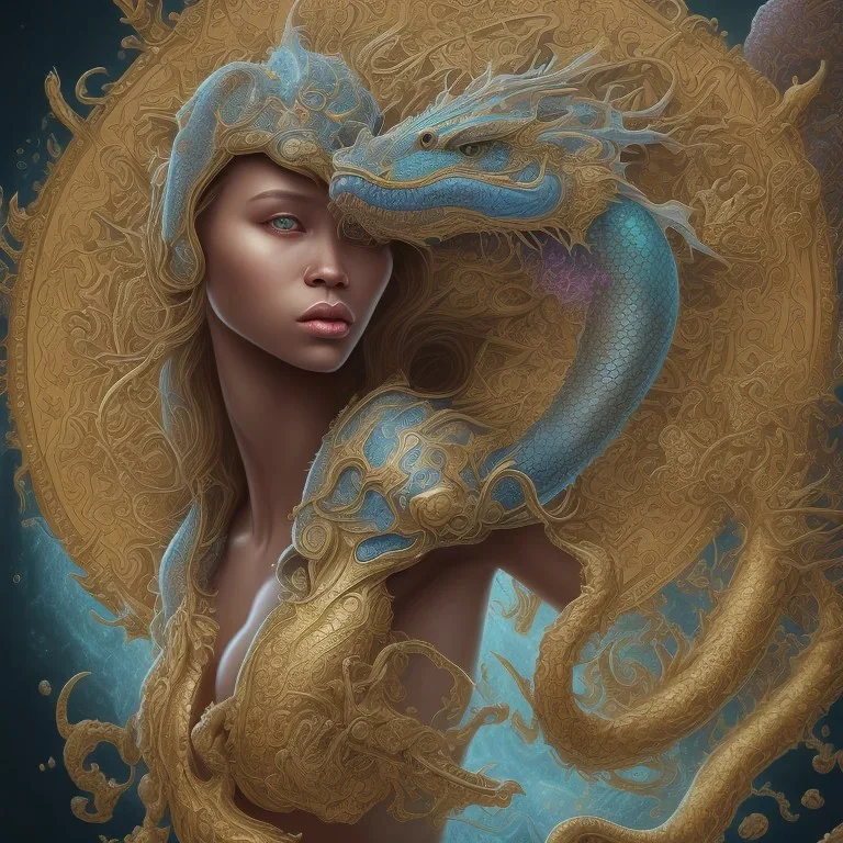 sango fantasy, fantasy magic, intricate, sharp focus, illustration, highly detailed, digital painting, concept art, matte, artgerm and paul lewin and kehinde wiley, masterpiece sexy lips Asian afro lips black African lady body mermaid blue Dragon head golden space lady sea under water mermaid pretty skull