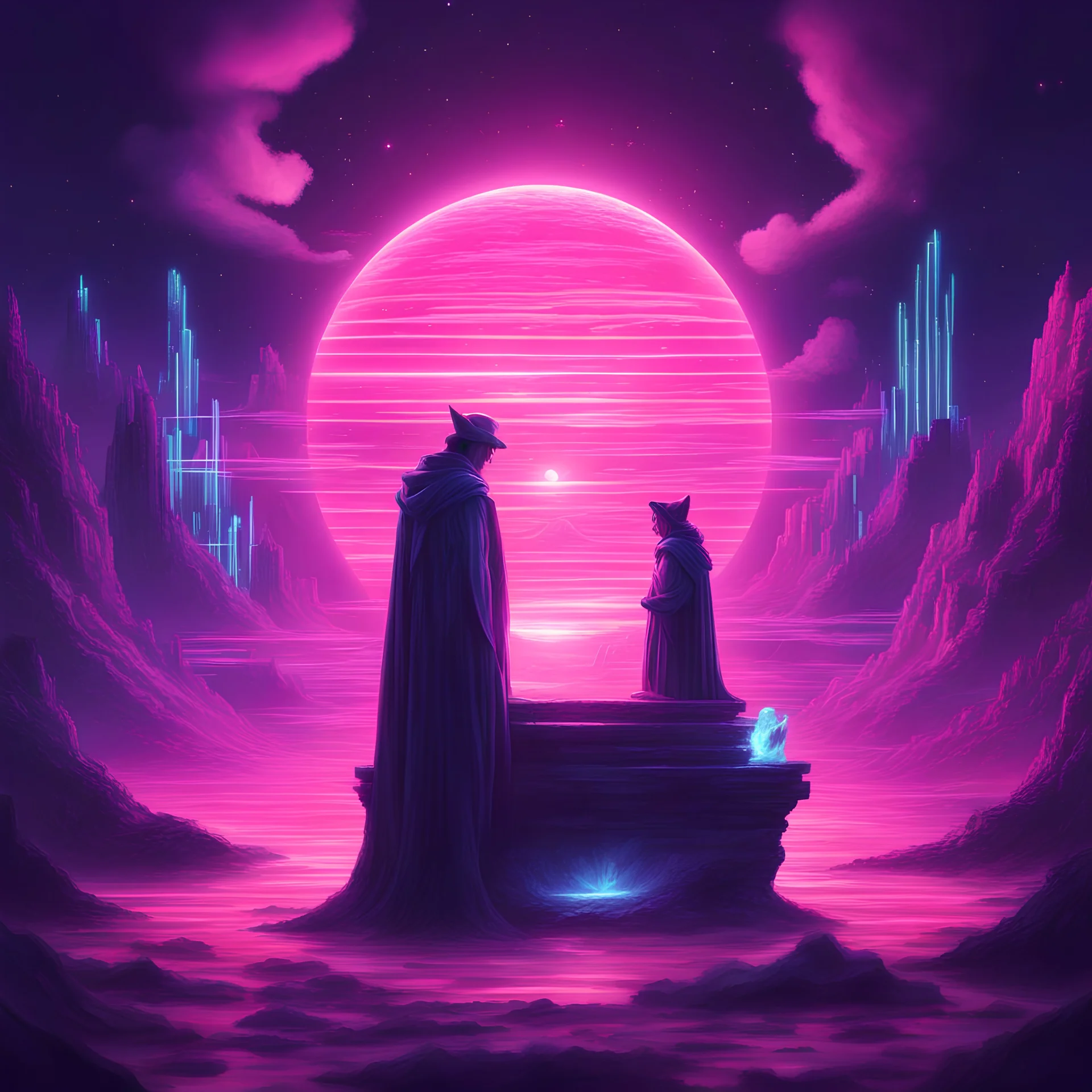 magic words of spell in a world fantasy, synthwave picture style with light pixel,