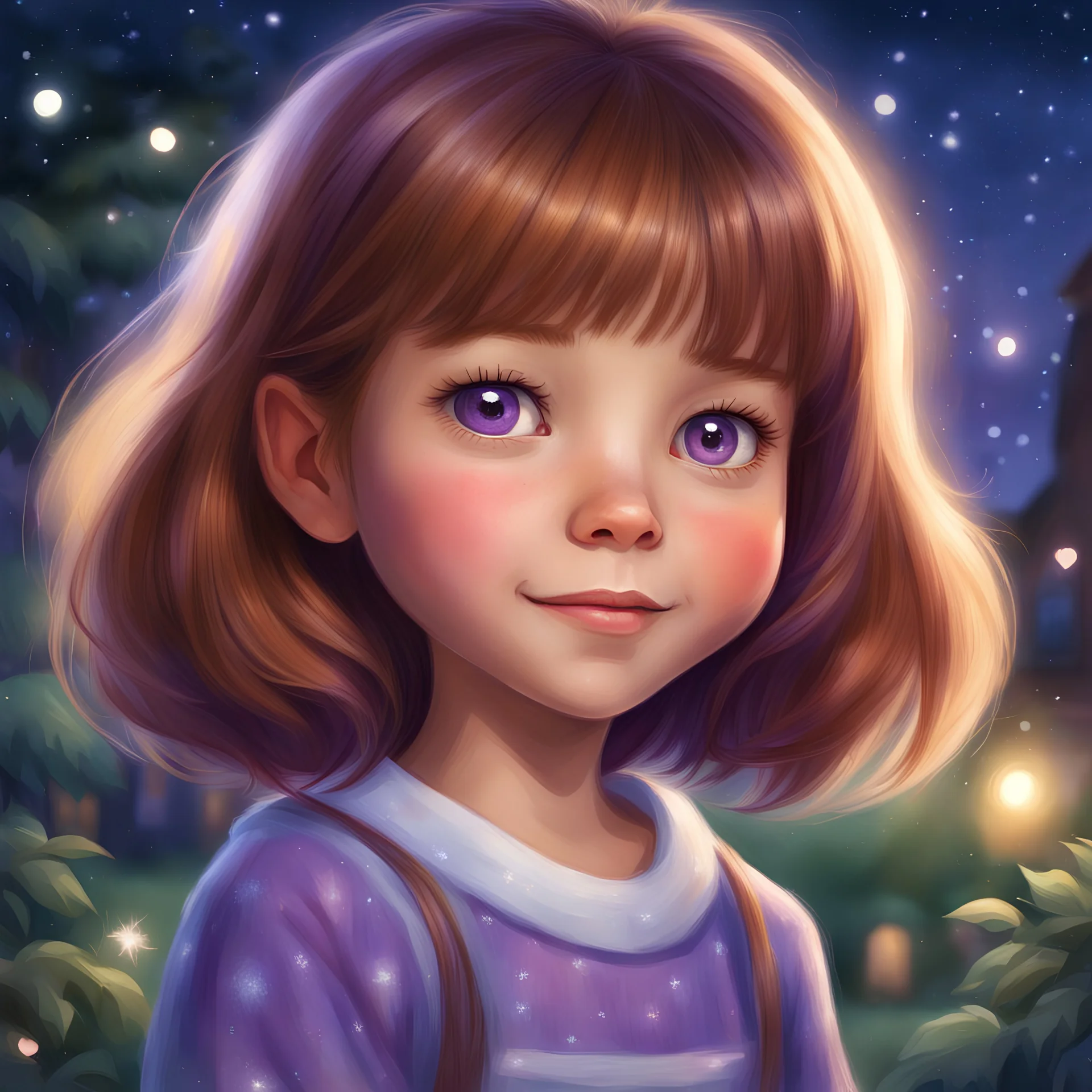 "Create a heartwarming and festive digital painting for a children's book illustrating a clear night in a backyard scenario. The central character is an 8-year-old girl named Zoe who is slim, energetic with waist-length straight chestnut hair featuring a 3cm purple streak on the left and straight cut bangs. Zoe's almond-shaped hazel eyes sparkle with curiosity, framed by thick 1cm eyelashes. Her fair, smooth skin is dotted with six freckles across her nose bridge. A playful, constant half-smile