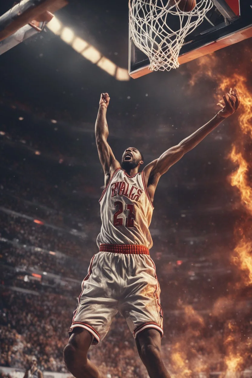 8k, highly realistic and detailed image of a NBA basketball player in action dunking the ball in the net, sweaty hair, screaming look,action and smoke and flames background