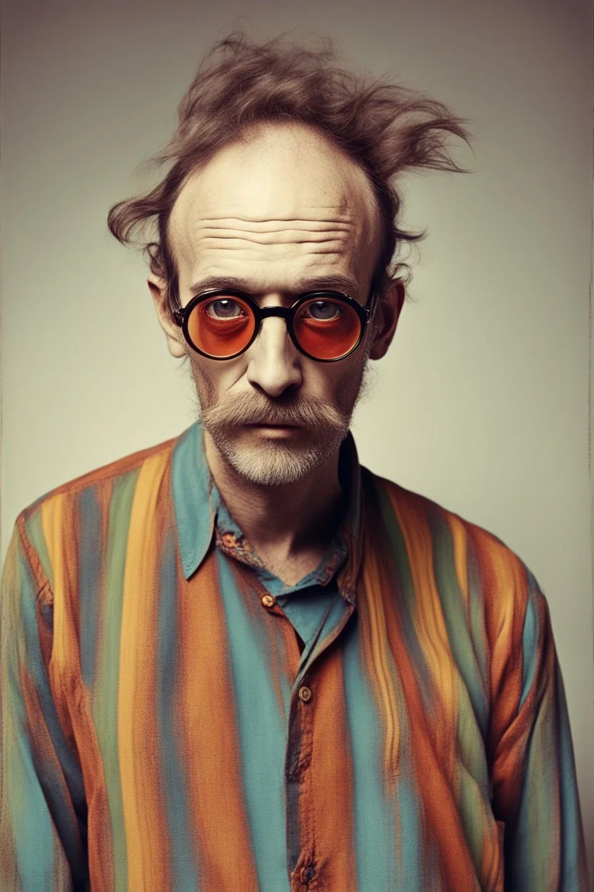 bohemian young ugly, strange not pretty, deformed man with Parisian bohemian look and glasses of colours and poor and short short short and poor hair on the head with receding hairline. Farsightedness glasses with big eyes. Shirt beard in the head. Vintage look and feel like photo style-of the 70s