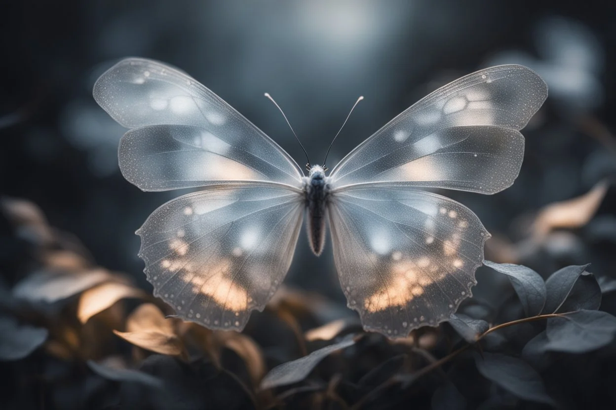 diaphanous transparent light butterfly with glowing center on dark grey leaves, ethereal, otherwordly, cinematic postprocessing, bokeh, dof