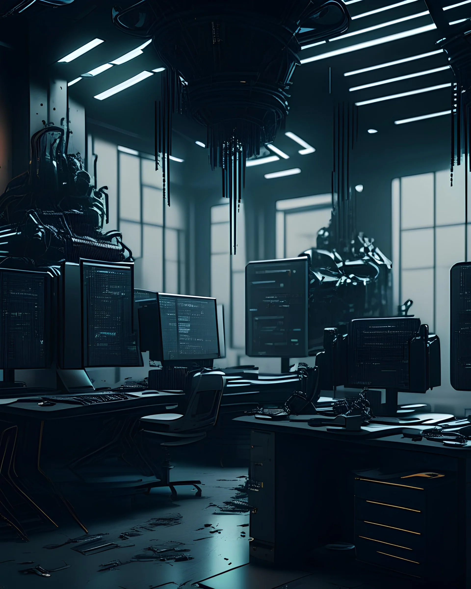 Futuristic black interior of office with computers made with engine parts dysoptia cyberage HAWKEN postapocalyptic dysoptia scene photorealistic uhd 8k VRAY highly detailed HDR