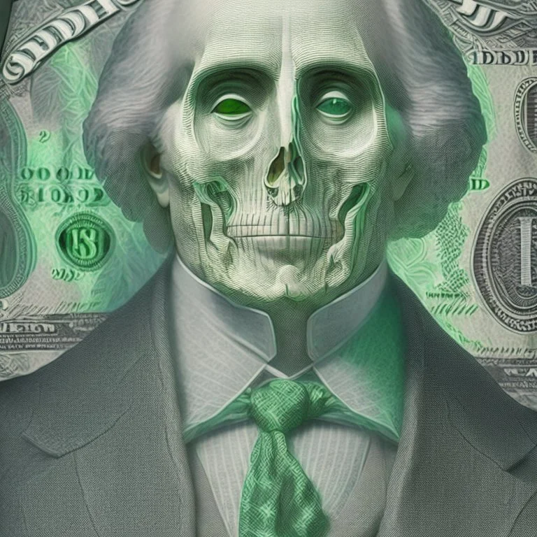 a head and shoulders portrait of a skeleton dressed in a three-piece suit as the president of the united states, based on us currency, united states one dollar bill, shades of green, real-life, colors match the united states one dollar bill, realistic, robotic,