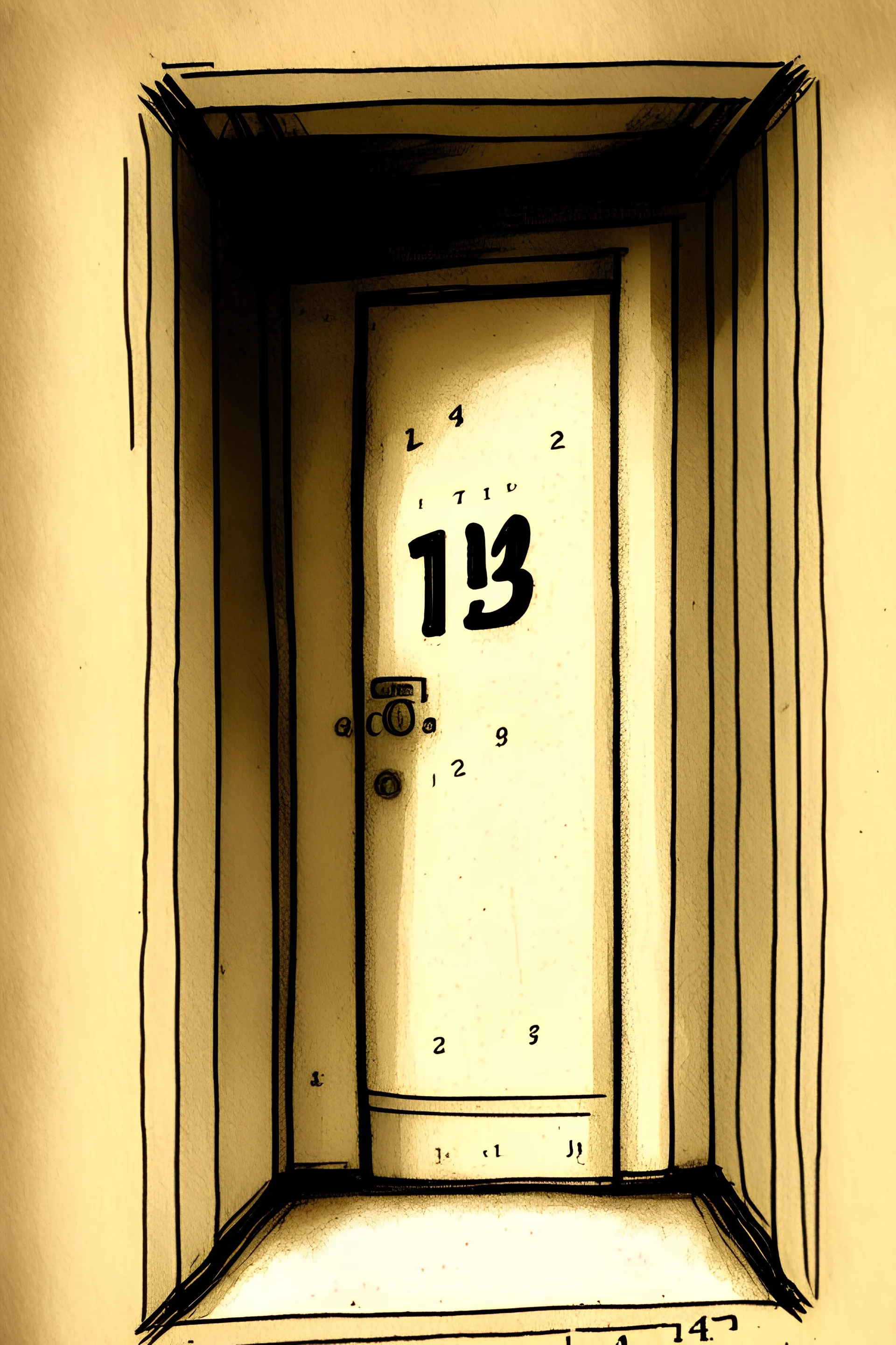 dibujo de ascensor con los botones de llamada y el numero de piso -13 abierto visto desde el pasillo dibujado en de pergamino antiguo color ocre y vacio