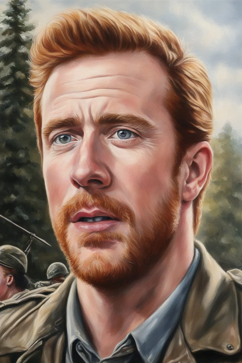 Band of Brothers, 29-year-old Damian Lewis, Oil on Canvas by Thomas Kinkade - 4k UHD, Ultra-realistic, Hyper realistic, Photorealistic, Realistic, absolute Reality