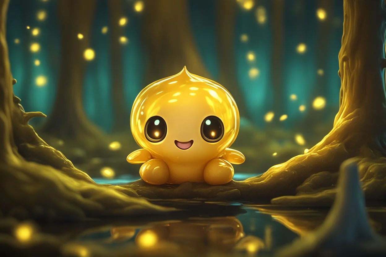 cute chibi slime radiant golden glow in mystical bioluminescent forest , highly detailed , cute facial features , 3D reflections