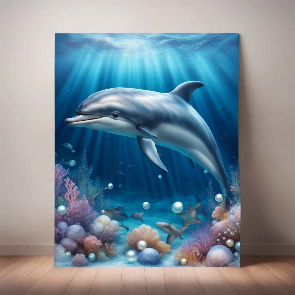 Hyper Realistic Cute Dolphin swimming under the ocean with pearls & crystals under water