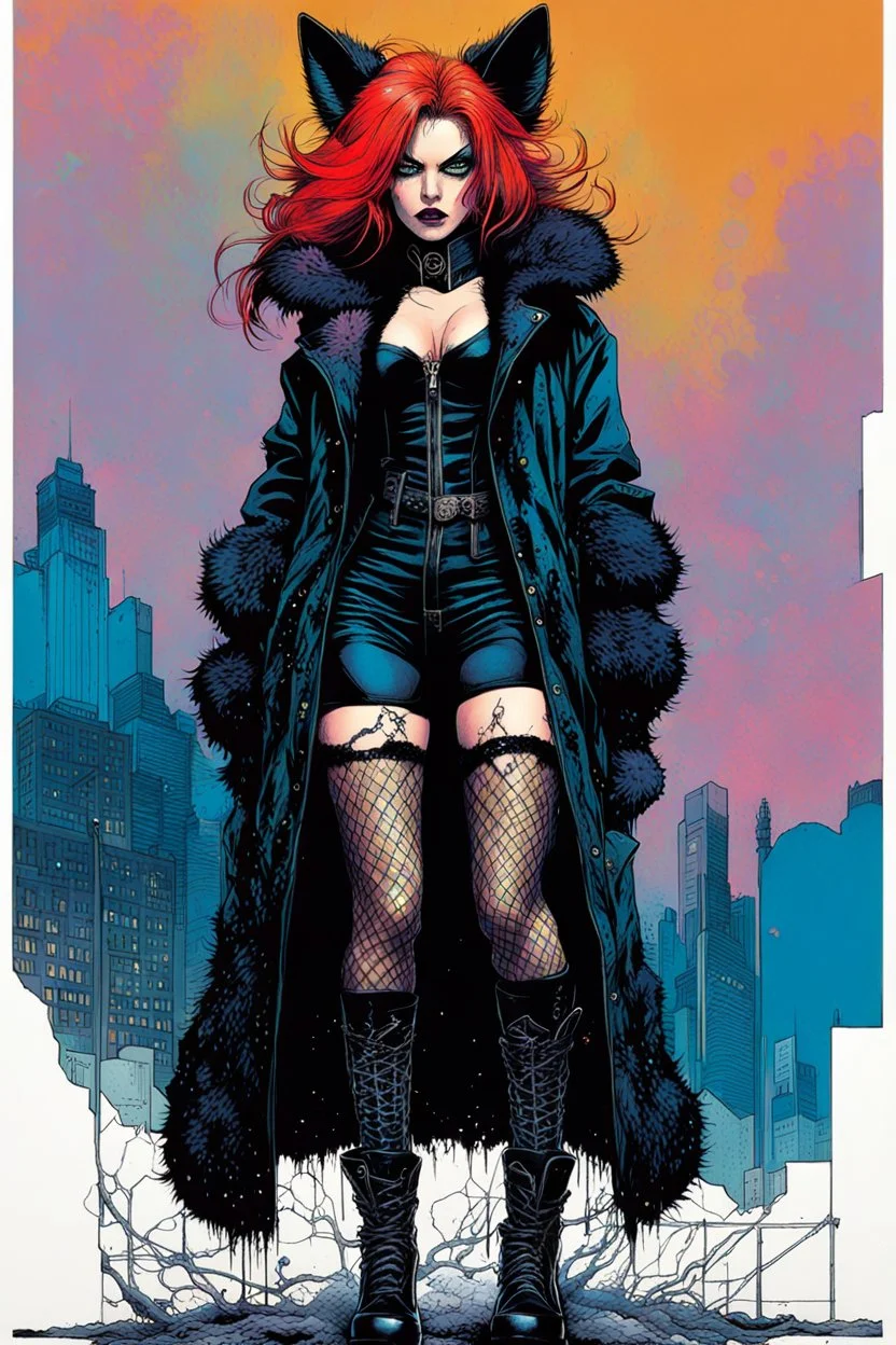 Create a fine art print , full body illustration of an epic fantasy Gothpunk Girl , with finely lined and detailed facial features, in a ragged fox fur coat, fishnet stockings ,battered combat boots, , in the comic book style of Bill Sienkiewicz, Philippe Druillet, and Jean Giraud Moebius, precisely drawn, colored and inked