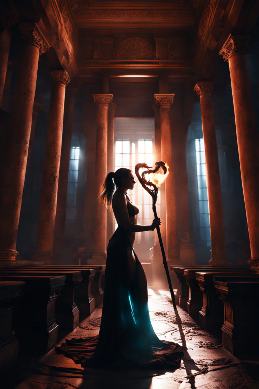 The female Shadow of Death using the staff of destruction. sexy. frightening. Horror. inside Panteon in Rome. fantasy art, the naked truth, Cinematic lighting, Volumetric lighting, Epic color composition, octane render