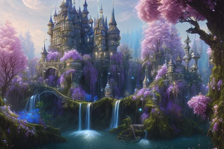 a fairy tale style, with anda indigo castle，waterfall, flowering trees, full of details, matte painting, concept art, smooth, bright sunshine，soft light atmosphere, blender unreal engine，light effect，rtx on，vaporwave colorful, artstation, concept art, smooth, extremely sharp detail, finely tuned detail, ultra high definition, 8 k, unreal engine 5, ultra sharp focus, illustration, magic ambient,