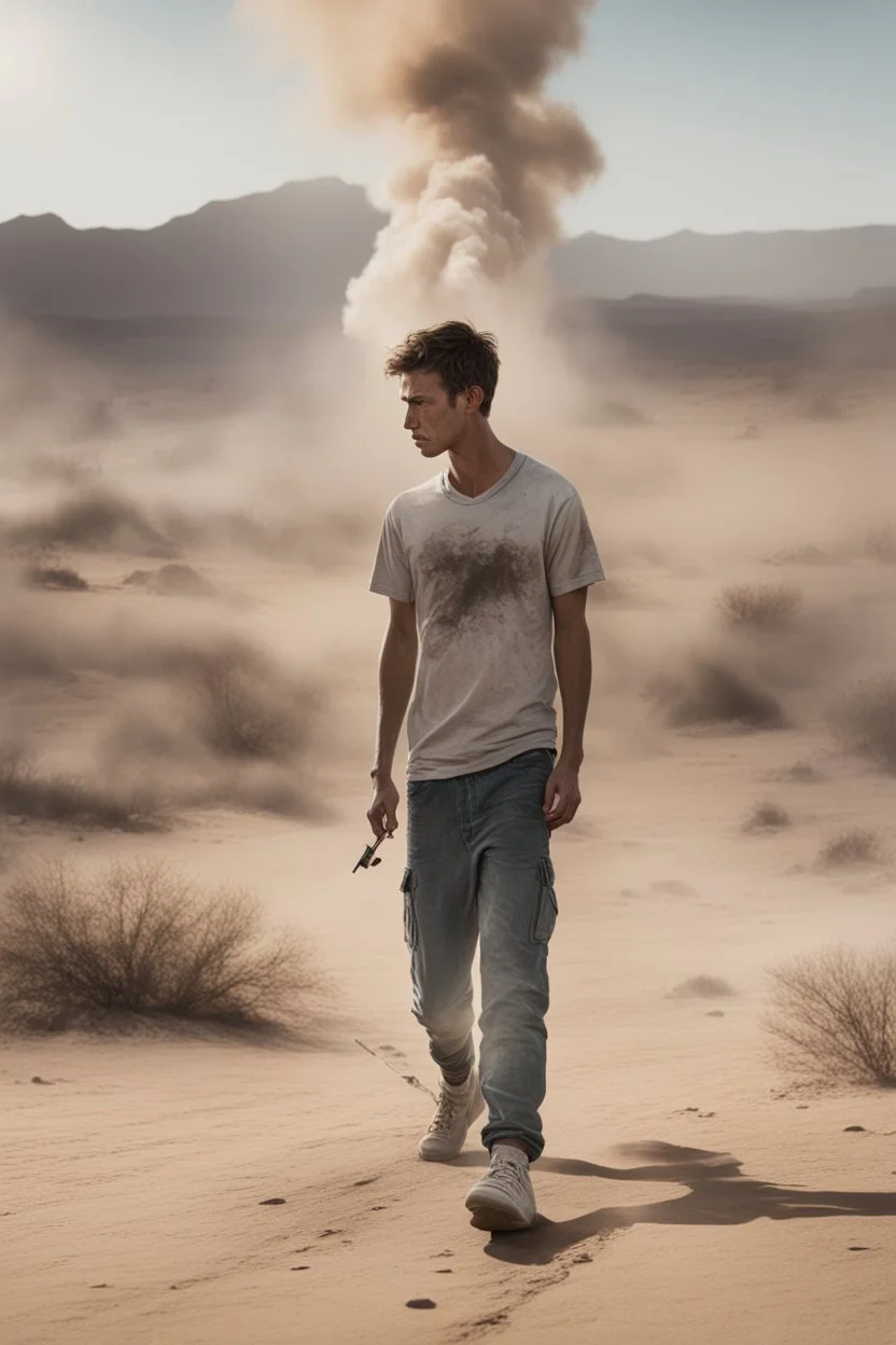 A wounded 25-year-old boy in a men's sports tee is walking in the desert with his head down, smoking a cigarette, and a scene of destruction is unfolding behind him