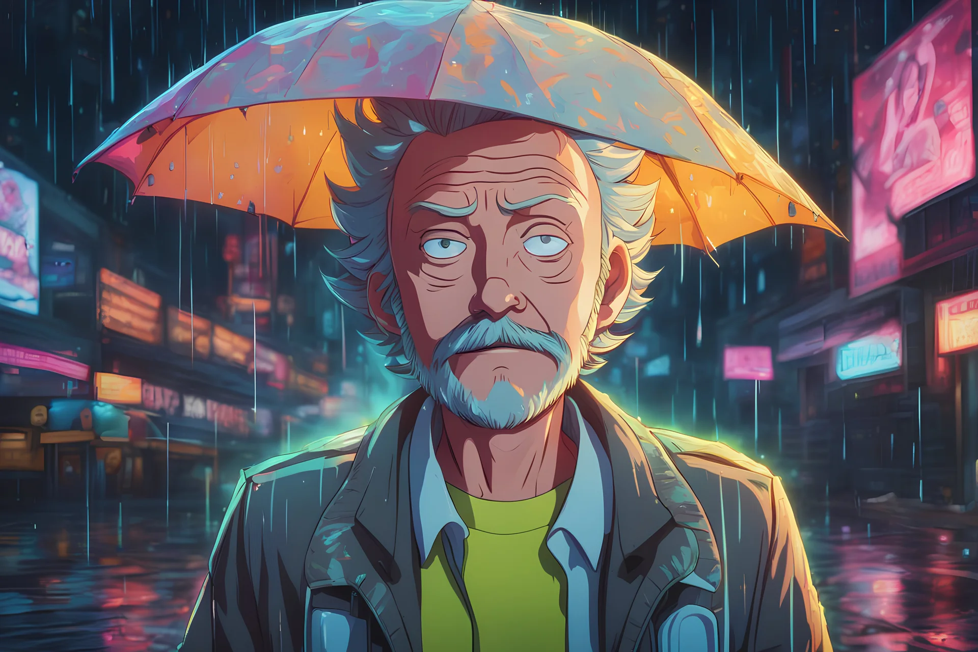 Rick in 8k realistic anime artstyle, neon effect, Rick and morty them, close picture, rain, fantasy world, intricate details, highly detailed, high details, detailed portrait, masterpiece,ultra detailed, ultra quality