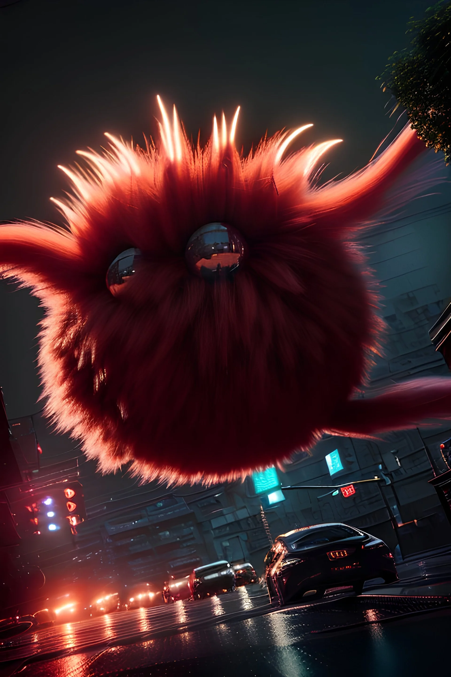 Giant ball hair monster flaying on Tokio night.